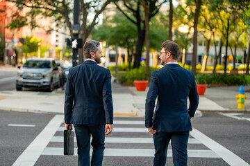 Wall Mural - Two elegant businessmen walking outdoors together in the streets with office building. Business men walking outdoors together in the street discussing and chatting. Businessmen from work.