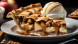 
Apple pie with ice cream. Sweet pastry. A delectable dessert featuring a classic apple pie served with a scoop of creamy ice cream, Generative AI.