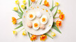 Bright plate on a white background with tulips