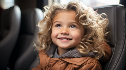 a candid photo of a cute young little blonde white caucasian american kid sitting in the child seat in the family car. Generative AI