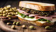 Mortadella and pistachios sandwich. A delectable combination showcasing the savory richness of mortadella paired with the nutty crunch of pistachios, Generative AI.