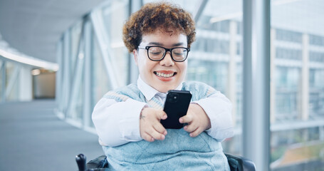 Aufkleber - Phone, office and business woman in wheelchair online for social media, networking and connection. Modern workplace, corporate and person with disability in corridor on smartphone for mobile app