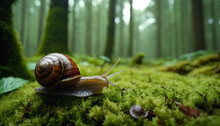 Walking Snail In The Forest On Moss. Generative AI