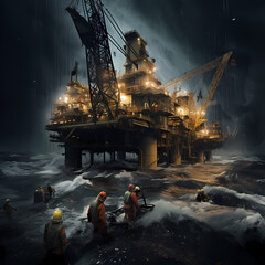 Wall Mural - Workers facing an oil rig at night