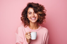 Happy Woman With Cup Of Coffee On Pink Background