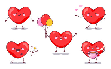 Sticker - Cheerful Heart Mascot Pack. Vector Illustration of Cute Heart Characters in Various Cute Poses, Perfect for Valentine's Day, Romantic, and Love Themed Designs.