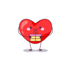 Sticker - Heart Mascot with Valentine Day Gift Box Icon. Vector Illustration of a Love Heart Character Holding a Cute Gift Present Box, Perfect for Lovely Invitation and Valentine's Greetings Card.