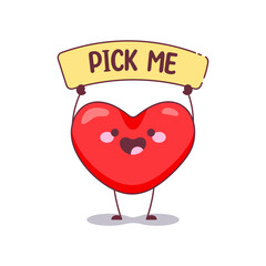 Wall Mural - Pick Me Heart Mascot Icon. Vector Illustration of a Love Heart Character Holding a 'Pick Me' Sign, Perfect for Lovely Invitation and Valentine's Greetings Card.