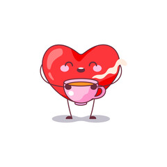 Poster - Heart Mascot with Warm Drink Icon. Vector Illustration of a Love Heart Character Holding a Cozy Mug, Ideal for Comforting and Relaxing Themes.