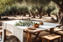 A Natural Wooden Table Featuring An Organic Cloth And The Presence Of An Olive Tree Plant, Offering A Captivating Product Placement Mockup Design  Generative Ai Technology
