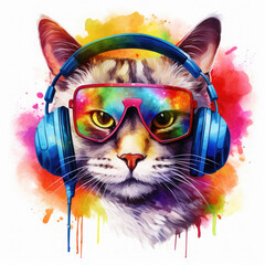  Dj cat with headphones and sunglasses Illustration, Generative Ai