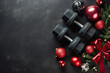 Overhead view of gym dumbbell weights with festive decorations. New year fitness concept
