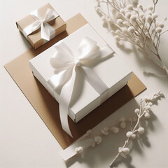 A gift packed-box in craft packagin, dry flowers. Mockup for a project in beige colors.	