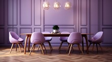 Interior Design Of Living Room With Purple Chairs And Wooden Table And Pot. Created With Ai