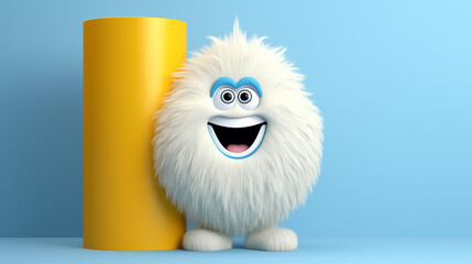 Wall Mural - 3d render funny Yeti cartoon character stands in blue background with yellow tube