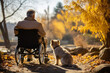 Lonely senior man in a wheelchair with dog in nursing home looking out the window