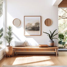 Wooden Bench Against White Wall With Poster Frame. Ethnic Farmhouse Interior Design Of Modern Entrance Hall.