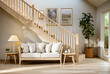 Loveseat sofa near wooden staircase. Modern cottage, french country, farmhouse interior design of modern entryway.
