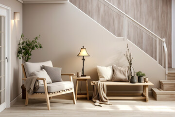 Grey armchair and wooden rustic bench near door against beige wall and staircase. French country, farmhouse interior design of modern entryway.