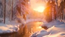 Winter Wonderland Scene With Snow-covered Trees And Serene River At Sunset, Golden Light Reflecting On Water Amidst Tranquil Forest Landscape. Nature And Landscape Photography.