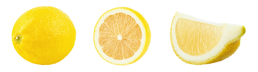 Wall Mural - Lemon set. Ripe of yellow lemon citrus fruit isolated on white background close up, vitamin C. File contains clipping path.