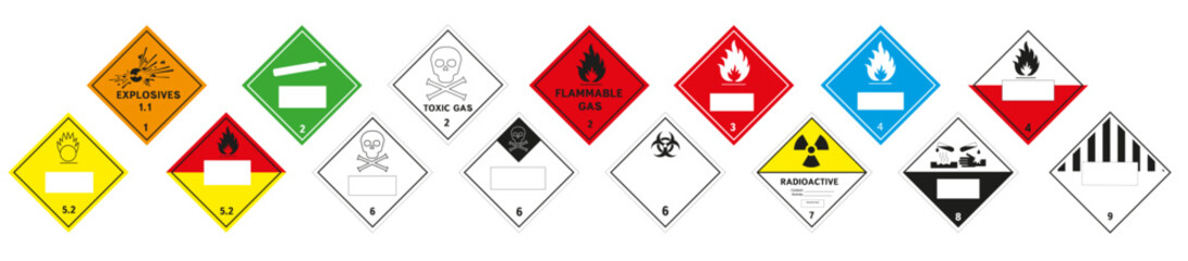 Wall Mural - Signs of dangerous goods. Warning sign. Hazard transportation icons.