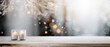 © bagotaj - Side view of an empty white wooden table top with a gentle blurred soft light background. Bokeh effect. Christmas, holiday concept with candles