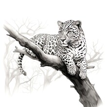 A Leopard Is Sitting On A Tree Branch. Children's Coloring Book, Black And White Illustration. Picture. Design.