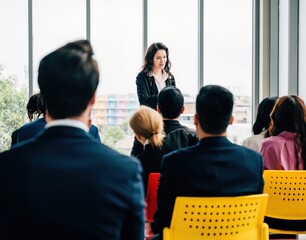 Wall Mural - Business professionals of various backgrounds come together in an office setting. Seated colleagues exchange ideas while male and female managers stand, fostering productive discussions.