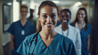 © © Raymond Orton - Portrait of smiling female professional doctor physician pediatrician wearing white robe with stethoscope around neck standing in modern private clinic hospital, looking at camera.