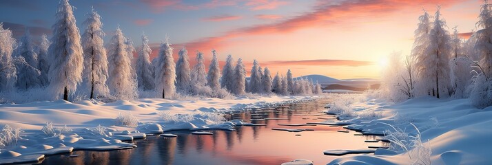 Wall Mural - panorama landscape with winter forest, mountains and river at sunset