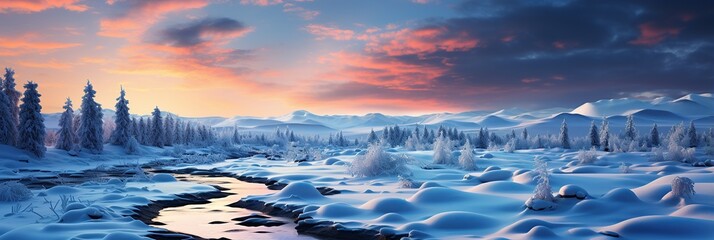 Wall Mural - panorama landscape with winter forest, mountains and river at sunset