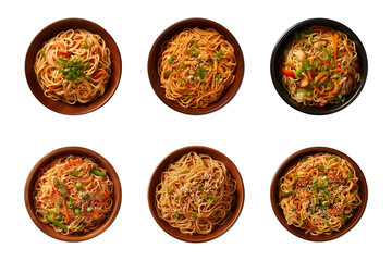 Wall Mural - collection set bowl of Chinese noodles isolated on a transparent background, top view
