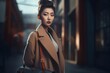 Chinese wearing coat. Fashion style happy student model. Generate Ai