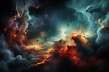 Aufkleber - An artistic rendering of colorful gas nebulae and stars in space, conveying the beauty and complexity of the universe.  