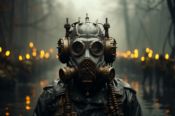 Aufkleber - A composite image featuring a gas mask worn by an individual in a misty, industrial setting, conveying a sense of protection. 