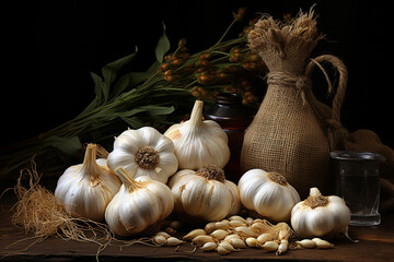 Aufkleber - A pair of garlic bulbs and cloves, set against a rustic backdrop, highlighting their role in enhancing savory dishes. 