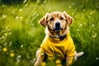 Funny cute dog puppy sitting in the grass and wearing yellow clothes.  outdoors fashion, clothing banner. 