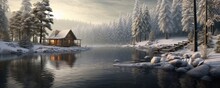 Cozy Cabin In Wild Nature. Landscape Covered With Snow. Winter Concept.