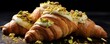 Tasty buttery croissants filled with pistachio cream and sprinkled with pieces of pistachios. Generative AI.