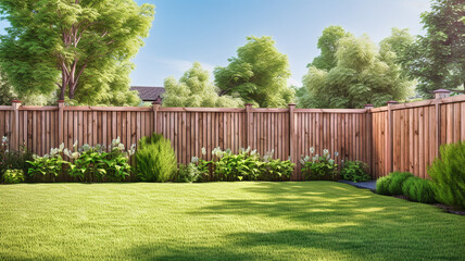 green grass lawn, flowers and wooden fence in summer backyard garden