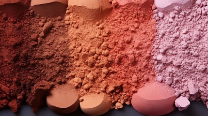 Wall Mural - Variety pallet of broken makeup powder and blusher, on black background. Sample cosmetics concept. Generative AI