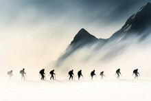 Group Of Mountain Hikers Trekking Through Snow And Fog In The Mountains With Towering Peaks