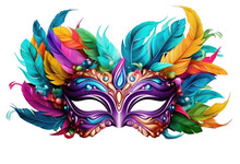 Colorful Carnival Mask With Feathers Isolated On Transparent Background