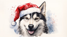 Watercolor Painting Of Happy Siberian Husky Dog Wearing Santa Hat For Christmas Festival.