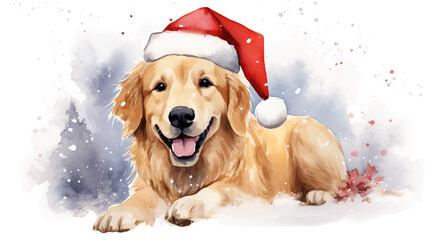 Wall Mural - Watercolor painting of happy golden retriever dog wearing Santa hat for christmas festival.