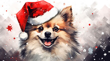 Happy Pomeranian Dog Or Puppy Wearing Santa Hat For Christmas Festival. Mixed Grunge Colorful Pop Art Style Illustration.