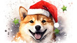 Happy shiba dog or puppy wearing Santa hat for christmas festival. Mixed grunge colorful pop art style illustration.