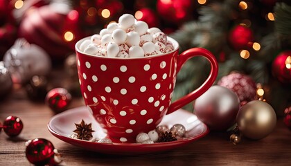 red cup of hot cocoa with christmas decorations and ornaments