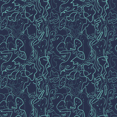 Psychedelic seamless pattern with cute hand drawn anthropomorphic creatures 